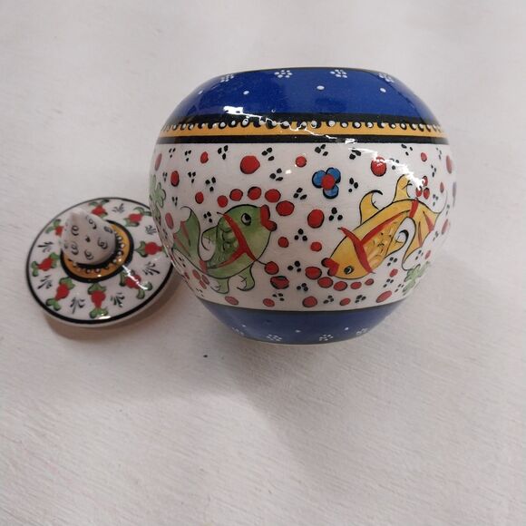 Polish Pottery Hand Painted Decorative Bowl Container With Lid Colorful Fish - Picture 2 of 6